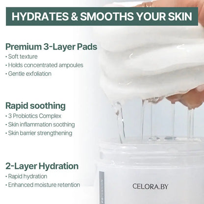 Advertisement for CELORA.BY skin care pads with text highlighting benefits and product features.